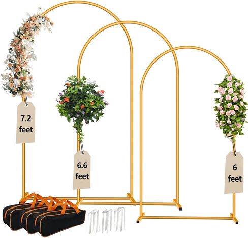 3-Pack Metal Arch Backdrop Stand Set (6/6.6/7.2FT) Heavy Duty Rust-Proof Wedding Decoration Frame with Crossbar Base for Party, Photo Booth, Balloon & Flowers Decor (Gold, 6FT,6.6FT,7.2FT) in Saudi Arabia
