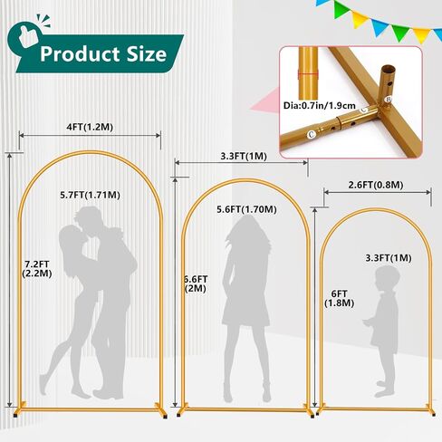 3-Pack Metal Arch Backdrop Stand Set (6/6.6/7.2FT) Heavy Duty Rust-Proof Wedding Decoration Frame with Crossbar Base for Party, Photo Booth, Balloon & Flowers Decor (Gold, 6FT,6.6FT,7.2FT) in Saudi Arabia