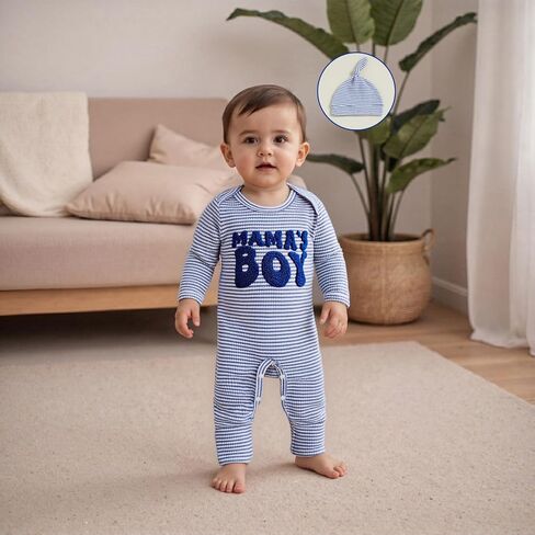 SAYOO Newborn Baby Boy Romper Clothes 3 6 12 18 Months Fall Winter Coming Home Outfit Mama's Boy Embroidery Waffle Romper in Saudi Arabia
