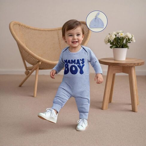 SAYOO Newborn Baby Boy Romper Clothes 3 6 12 18 Months Fall Winter Coming Home Outfit Mama's Boy Embroidery Waffle Romper in Saudi Arabia