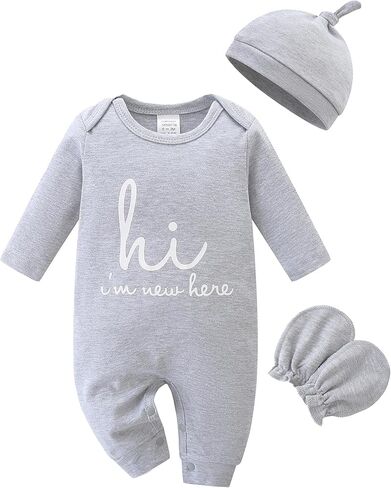 ملابس لطيفة للأطفال حديثي الولادة من الجنسين 100% قطن بأكمام طويلة، ملابس منزلية، رومبير ناعم مع قفازات وقبعة in Kuwait