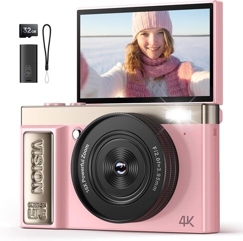 الكاميرا الرقمية 4K للتصوير الفوتوغرافي المتخلف: كاميرات 64 ميجابكسل للفيديو - 16x هدايا الكاميرا للتكبير ، تتراوح أعمارهم بين 8-18 - 180 درجة شاشة مضغوطة Cámara - نقطة وتصوير كاميرات رقمية من أجل YouTube in Kuwait