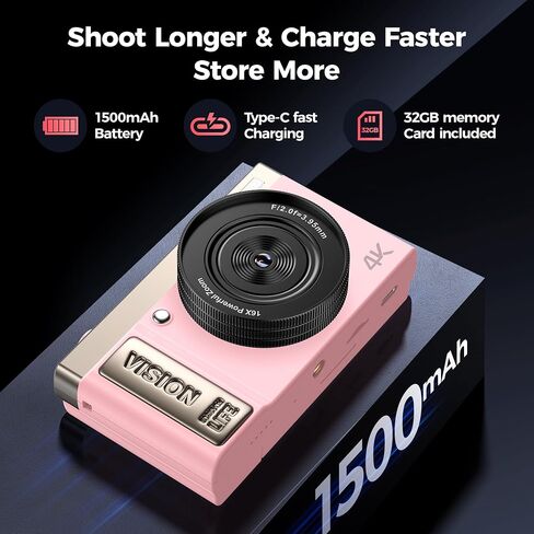 الكاميرا الرقمية 4K للتصوير الفوتوغرافي المتخلف: كاميرات 64 ميجابكسل للفيديو - 16x هدايا الكاميرا للتكبير ، تتراوح أعمارهم بين 8-18 - 180 درجة شاشة مضغوطة Cámara - نقطة وتصوير كاميرات رقمية من أجل YouTube in Kuwait