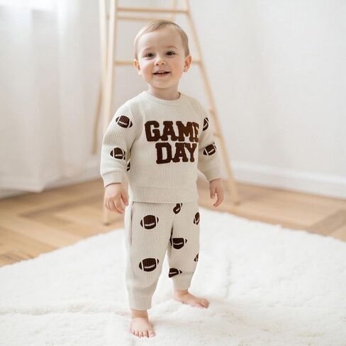 Toddler Baby Boy Outfit Football Game Day Embroidery Waffle Knit Sweatshirt Rugby Print Long Pants Casual Clothes in Saudi Arabia