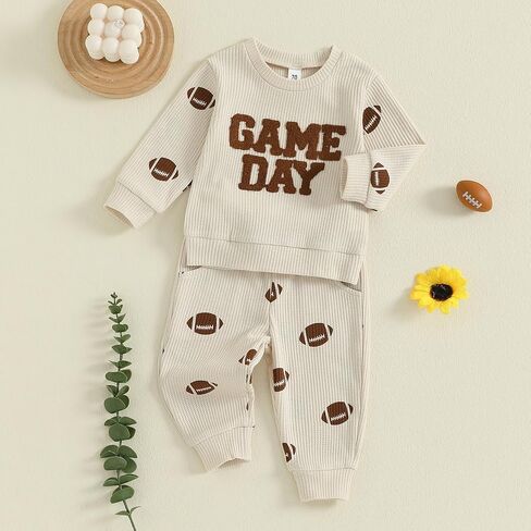 Toddler Baby Boy Outfit Football Game Day Embroidery Waffle Knit Sweatshirt Rugby Print Long Pants Casual Clothes in Saudi Arabia