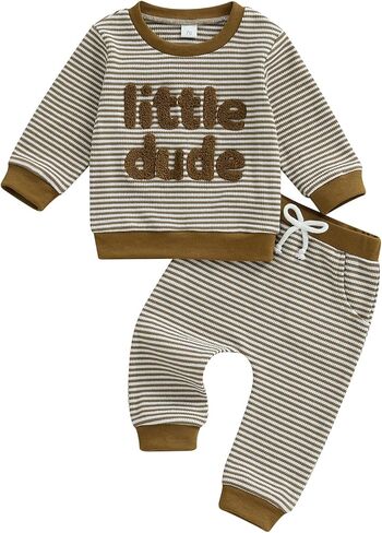 Nyapruwe Toddler Baby Boy Fall Winter Clothes Stripe Letter Embroidery Sweatshirt Tops Pants Set Casual Infant Outfits in Kuwait