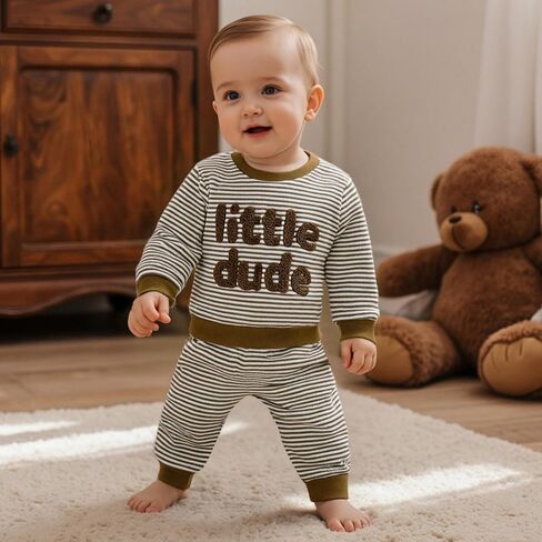 Nyapruwe Toddler Baby Boy Fall Winter Clothes Stripe Letter Embroidery Sweatshirt Tops Pants Set Casual Infant Outfits in Kuwait