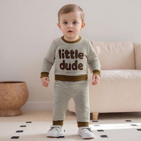 Nyapruwe Toddler Baby Boy Fall Winter Clothes Stripe Letter Embroidery Sweatshirt Tops Pants Set Casual Infant Outfits in Kuwait