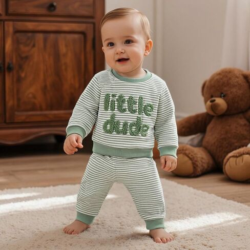 Nyapruwe Toddler Baby Boy Fall Winter Clothes Stripe Letter Embroidery Sweatshirt Tops Pants Set Casual Infant Outfits in Kuwait