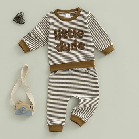 Nyapruwe Toddler Baby Boy Fall Winter Clothes Stripe Letter Embroidery Sweatshirt Tops Pants Set Casual Infant Outfits in Kuwait