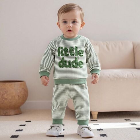 Nyapruwe Toddler Baby Boy Fall Winter Clothes Stripe Letter Embroidery Sweatshirt Tops Pants Set Casual Infant Outfits in Kuwait