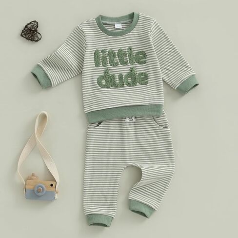 Nyapruwe Toddler Baby Boy Fall Winter Clothes Stripe Letter Embroidery Sweatshirt Tops Pants Set Casual Infant Outfits in Kuwait