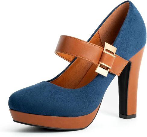 Women's Platform Mary Jane Heels Closed Round Toe Chunky High Heel Pumps Dress Shoes Buckle Strap Business Casual Heeled Pump for Wedding Work Party in Saudi Arabia