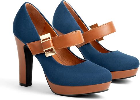 Women's Platform Mary Jane Heels Closed Round Toe Chunky High Heel Pumps Dress Shoes Buckle Strap Business Casual Heeled Pump for Wedding Work Party in Saudi Arabia