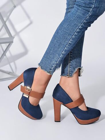 Women's Platform Mary Jane Heels Closed Round Toe Chunky High Heel Pumps Dress Shoes Buckle Strap Business Casual Heeled Pump for Wedding Work Party in Saudi Arabia