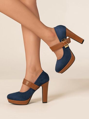 Women's Platform Mary Jane Heels Closed Round Toe Chunky High Heel Pumps Dress Shoes Buckle Strap Business Casual Heeled Pump for Wedding Work Party in Saudi Arabia
