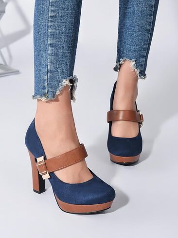 Women's Platform Mary Jane Heels Closed Round Toe Chunky High Heel Pumps Dress Shoes Buckle Strap Business Casual Heeled Pump for Wedding Work Party in Saudi Arabia
