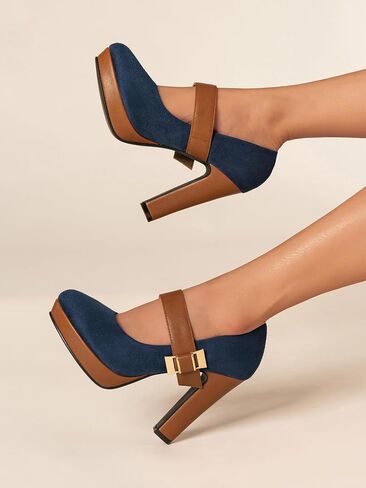 Women's Platform Mary Jane Heels Closed Round Toe Chunky High Heel Pumps Dress Shoes Buckle Strap Business Casual Heeled Pump for Wedding Work Party in Saudi Arabia