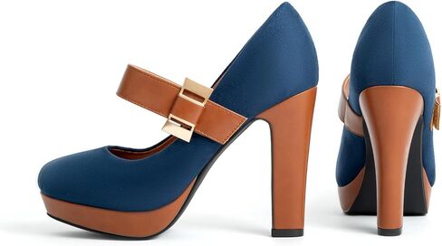 Women's Platform Mary Jane Heels Closed Round Toe Chunky High Heel Pumps Dress Shoes Buckle Strap Business Casual Heeled Pump for Wedding Work Party in Saudi Arabia