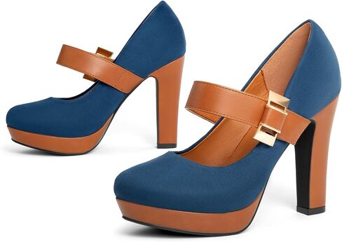 Women's Platform Mary Jane Heels Closed Round Toe Chunky High Heel Pumps Dress Shoes Buckle Strap Business Casual Heeled Pump for Wedding Work Party in Saudi Arabia