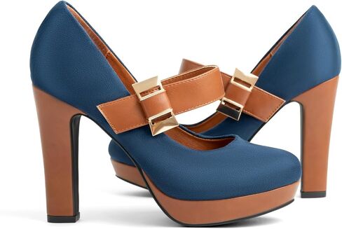 Women's Platform Mary Jane Heels Closed Round Toe Chunky High Heel Pumps Dress Shoes Buckle Strap Business Casual Heeled Pump for Wedding Work Party in Saudi Arabia