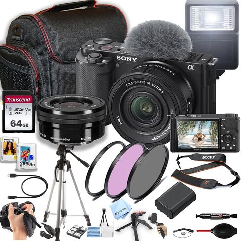 Sony ZV-E10 Mirrorless Camera with 16-50mm Lens + 64GB Memory, Case, Gripster Tripod, Filters, Flash and More (28pc Camera Bundle) (Renewed) in Saudi Arabia