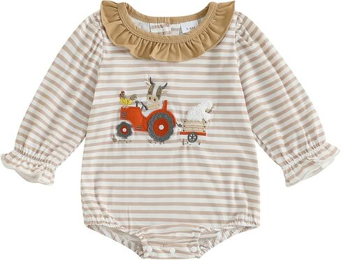 Baby Girl Bubble Romper Strawberry Embroidery Stripe Long Sleeve Ruffled Crewneck Jumpsuit Cute Fall Clothes in Saudi Arabia
