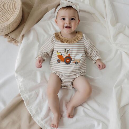 Baby Girl Bubble Romper Strawberry Embroidery Stripe Long Sleeve Ruffled Crewneck Jumpsuit Cute Fall Clothes in Saudi Arabia