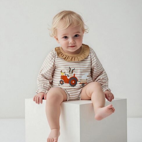 Baby Girl Bubble Romper Strawberry Embroidery Stripe Long Sleeve Ruffled Crewneck Jumpsuit Cute Fall Clothes in Saudi Arabia