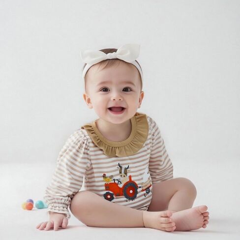 Baby Girl Bubble Romper Strawberry Embroidery Stripe Long Sleeve Ruffled Crewneck Jumpsuit Cute Fall Clothes in Saudi Arabia