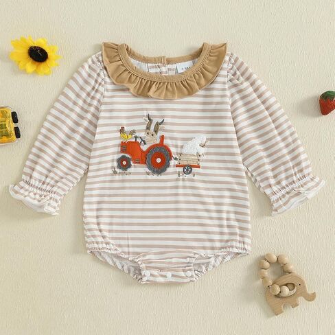 Baby Girl Bubble Romper Strawberry Embroidery Stripe Long Sleeve Ruffled Crewneck Jumpsuit Cute Fall Clothes in Saudi Arabia
