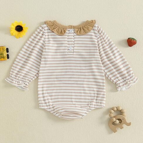 Baby Girl Bubble Romper Strawberry Embroidery Stripe Long Sleeve Ruffled Crewneck Jumpsuit Cute Fall Clothes in Saudi Arabia