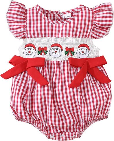Newborn Girl Smocked Santa Romper Infant Baby Christmas Tree Embroidery Bubble Rompers Fly Sleeve Gingham Bodysuit in Saudi Arabia