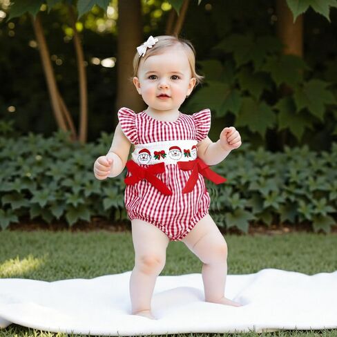 Newborn Girl Smocked Santa Romper Infant Baby Christmas Tree Embroidery Bubble Rompers Fly Sleeve Gingham Bodysuit in Saudi Arabia