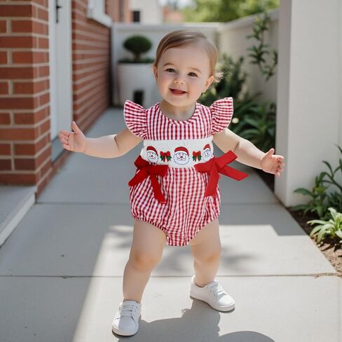 Newborn Girl Smocked Santa Romper Infant Baby Christmas Tree Embroidery Bubble Rompers Fly Sleeve Gingham Bodysuit in Saudi Arabia