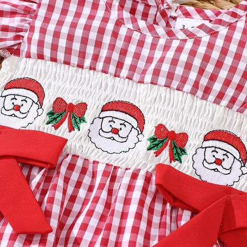 Newborn Girl Smocked Santa Romper Infant Baby Christmas Tree Embroidery Bubble Rompers Fly Sleeve Gingham Bodysuit in Saudi Arabia