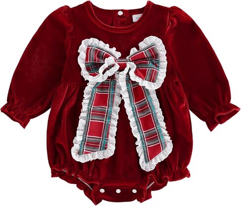 Infant Newborn Baby Girl Christmas Outfit Lace Plaid Bow Romper Bubble Velvet Bodysuit Xmas Clothes Winter One Piece in Saudi Arabia