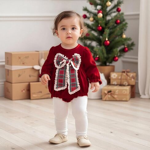 Infant Newborn Baby Girl Christmas Outfit Lace Plaid Bow Romper Bubble Velvet Bodysuit Xmas Clothes Winter One Piece in Saudi Arabia