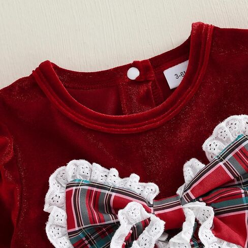 Infant Newborn Baby Girl Christmas Outfit Lace Plaid Bow Romper Bubble Velvet Bodysuit Xmas Clothes Winter One Piece in Saudi Arabia