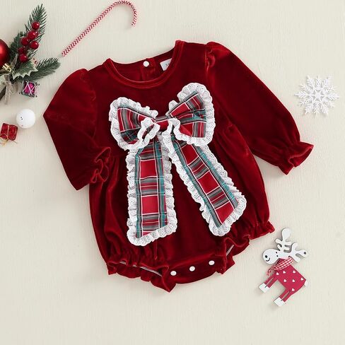 Infant Newborn Baby Girl Christmas Outfit Lace Plaid Bow Romper Bubble Velvet Bodysuit Xmas Clothes Winter One Piece in Saudi Arabia