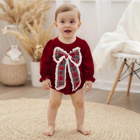 Infant Newborn Baby Girl Christmas Outfit Lace Plaid Bow Romper Bubble Velvet Bodysuit Xmas Clothes Winter One Piece in Saudi Arabia