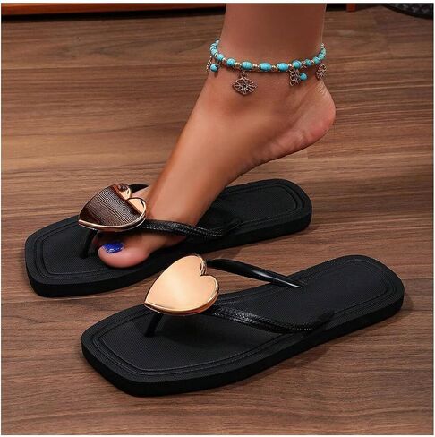 GORGLITTER Women's Heart Flip Flops Square Toe Thong Flat Sandals Cute Beach Casual Vacation Slides in Saudi Arabia