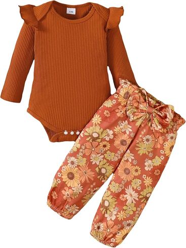 ملابس Jecson لحديثي الولادة للفتيات: ملابس أطفال قطنية ناعمة بأكمام مكشكشة رومبير وسراويل مجموعة خريف لطيفة للخروج في المنزل 0-18 شهرًا in Kuwait