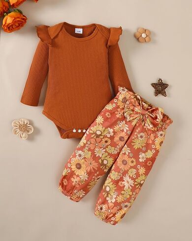 ملابس Jecson لحديثي الولادة للفتيات: ملابس أطفال قطنية ناعمة بأكمام مكشكشة رومبير وسراويل مجموعة خريف لطيفة للخروج في المنزل 0-18 شهرًا in Kuwait