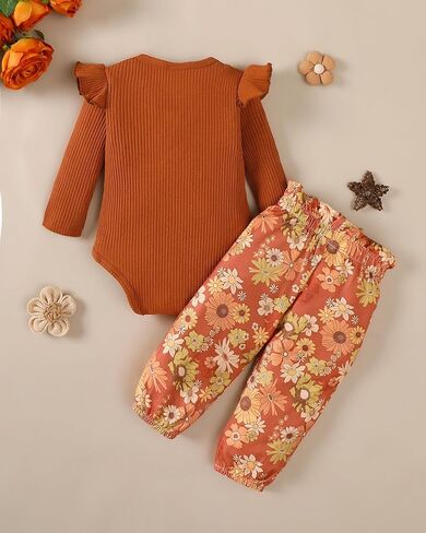 ملابس Jecson لحديثي الولادة للفتيات: ملابس أطفال قطنية ناعمة بأكمام مكشكشة رومبير وسراويل مجموعة خريف لطيفة للخروج في المنزل 0-18 شهرًا in Kuwait