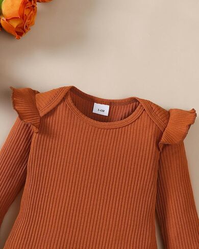 ملابس Jecson لحديثي الولادة للفتيات: ملابس أطفال قطنية ناعمة بأكمام مكشكشة رومبير وسراويل مجموعة خريف لطيفة للخروج في المنزل 0-18 شهرًا in Kuwait