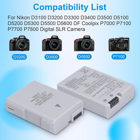 بطارية EN-EL14 EN-EL14A 2 حزمة 1230 مللي أمبير مع MH 24 شاحن سريع لنيكون D3100 D3200 D3300 D3400 D3500 D5100 D5200 D5300 D5500 D5600 P7000 P7100 P7700 P7800 سلك إمداد طاقة الكاميرا in Saudi Arabia