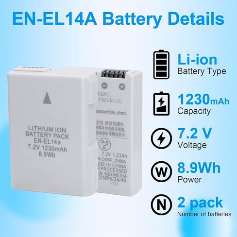 بطارية EN-EL14 EN-EL14A 2 حزمة 1230 مللي أمبير مع MH 24 شاحن سريع لنيكون D3100 D3200 D3300 D3400 D3500 D5100 D5200 D5300 D5500 D5600 P7000 P7100 P7700 P7800 سلك إمداد طاقة الكاميرا in Saudi Arabia