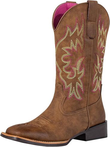 Cowboy Cowgirl Boots for Women Square Toe Embroidery Stitched Wide Calf Mid Shaft- Western Chunky Heel Fashion Boots for Party Country Concert in Saudi Arabia