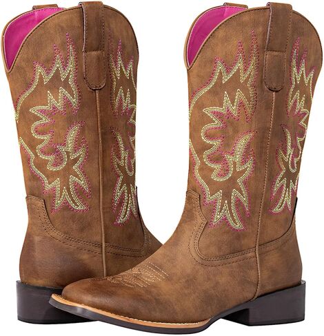 Cowboy Cowgirl Boots for Women Square Toe Embroidery Stitched Wide Calf Mid Shaft- Western Chunky Heel Fashion Boots for Party Country Concert in Saudi Arabia